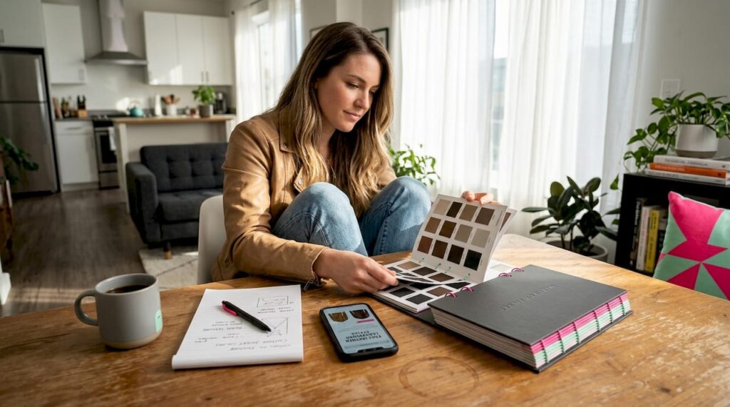 Woman studies faux leather swatches at home