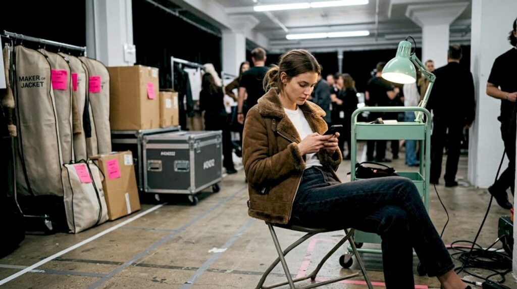Model in suede aviator jacket backstage