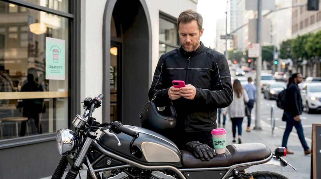 Man in retro motorcycle jacket at café