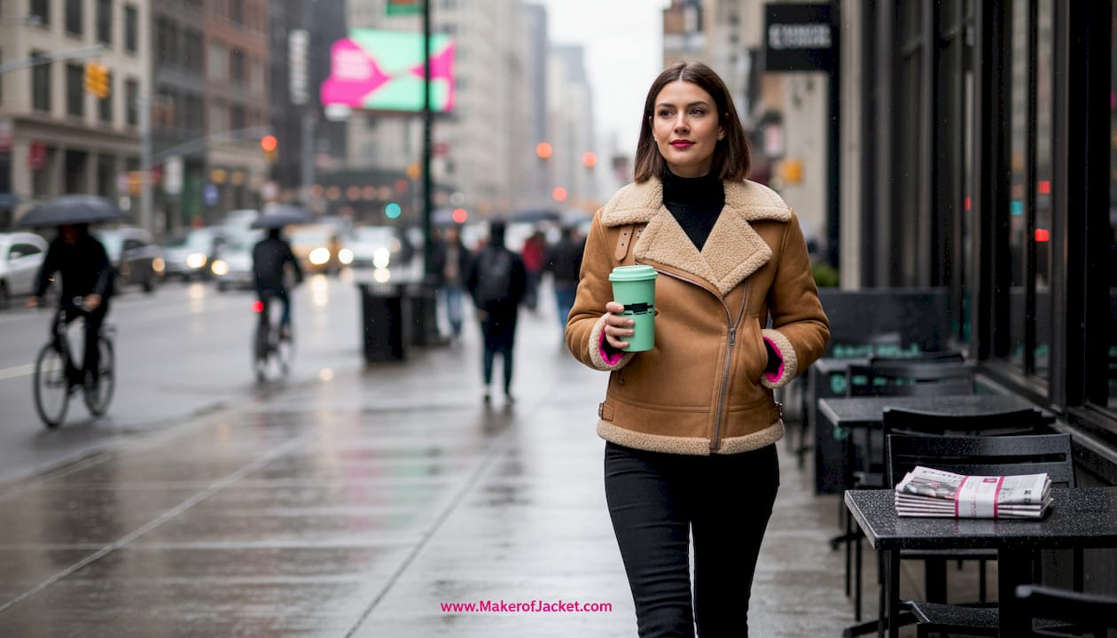 Woman in tan shearling jacket walking downtown