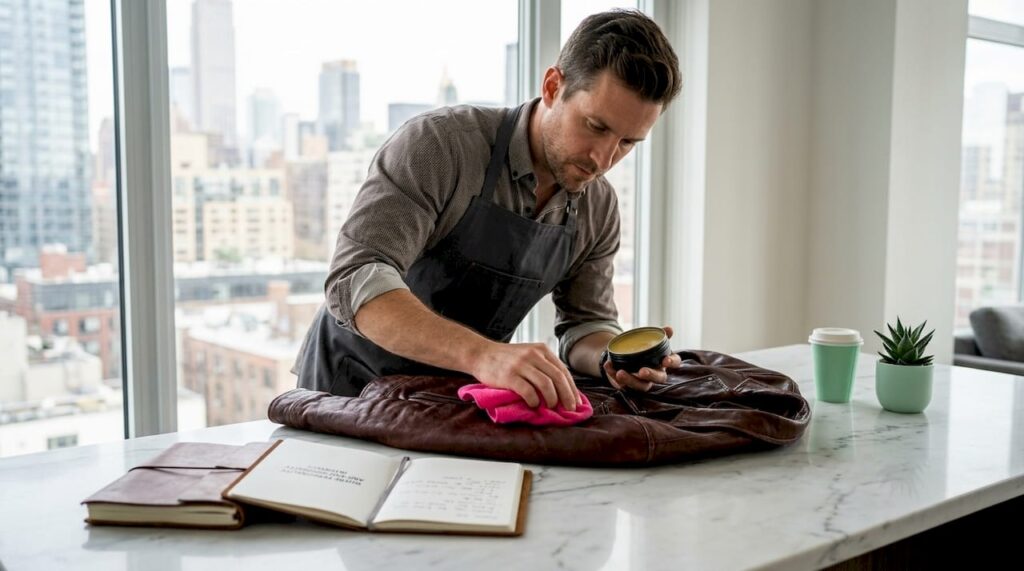 Man applying wax to leather jacket at table