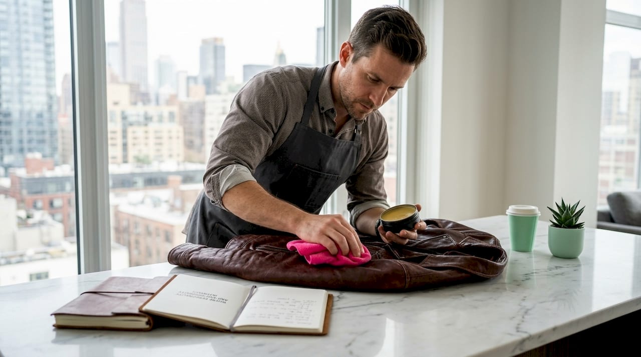 Man applying wax to leather jacket at table