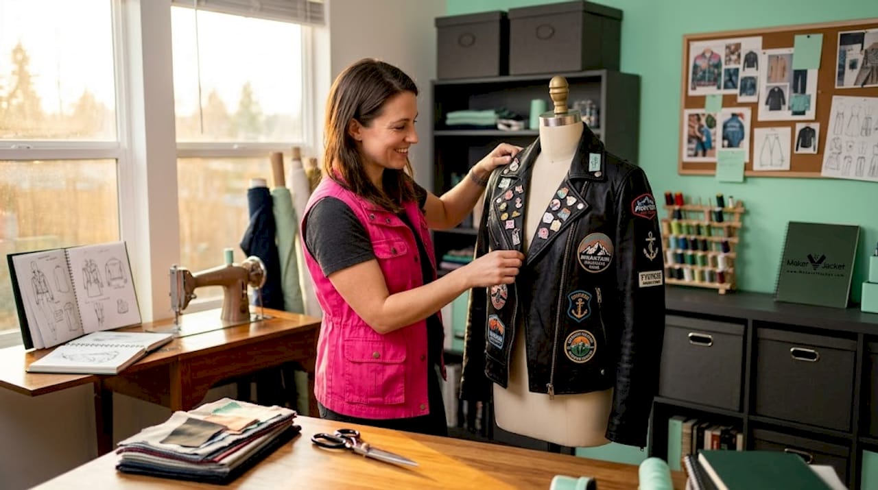 Designer placing patches on leather jacket