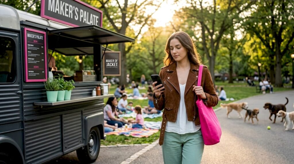 Woman wearing 2025 suede biker jacket outdoors