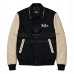 Front View Of The Beatles Black Varsity Jacket Featuring wool body, leather sleeves, shirt-style collar, and The Beatles logo on chest.