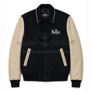 Front View Of The Beatles Black Varsity Jacket Featuring wool body, leather sleeves, shirt-style collar, and The Beatles logo on chest.