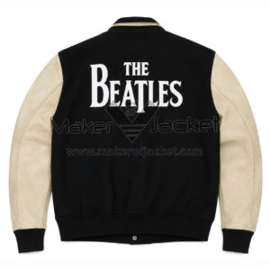 Back View Of The Beatles Black Varsity Jacket featuring large The Beatles lettering with black wool body and cream leather sleeves.