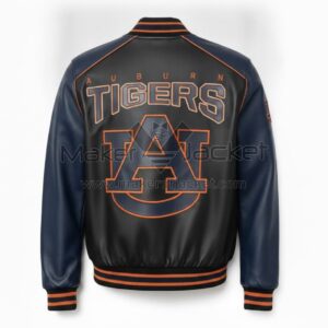 Back View of Auburn Tigers Bomber Leather Jacket featuring AUBURN TIGERS lettering and iconic AU logo on premium leather.