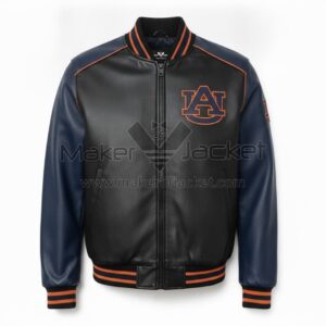 Front View Of Auburn Tigers Bomber Leather Jacket featuring premium leather, YKK zipper closure, rib-knit trim, and AU logo on the left chest.