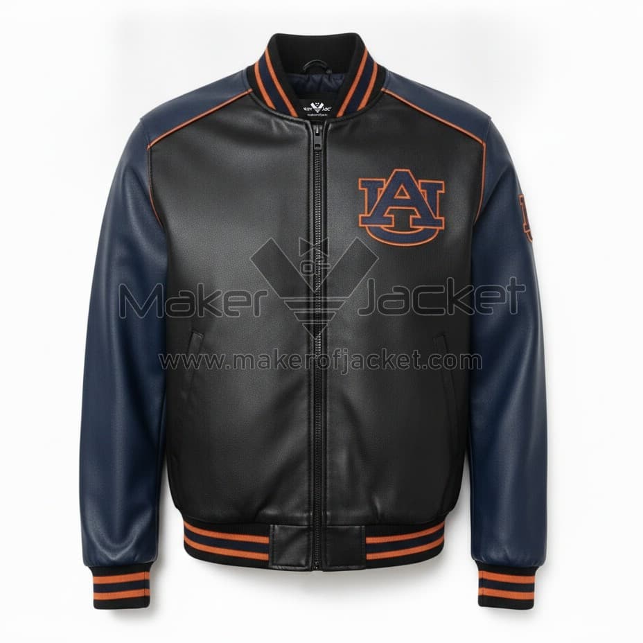 Auburn-Tigers-Bomber-Jacket-Front-Image Front View Of Auburn Tigers Bomber Leather Jacket featuring premium leather, YKK zipper closure, rib-knit trim, and AU logo on the left chest.
