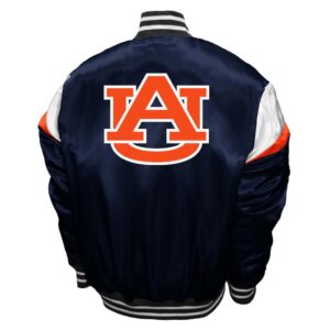 Back View of Vintage Auburn Tigers Satin Jacket featuring the iconic AU logo with white and orange varsity accents.