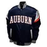 Front View Of Auburn Tigers Power Satin Jacket Featuring AUBURN lettering, rib-knit collar, snap-button closure, and handwarmer pockets.