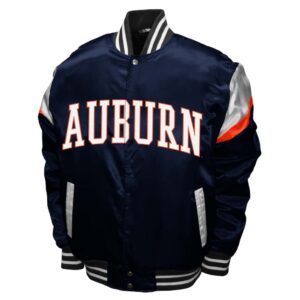Front View Of Auburn Tigers Power Satin Jacket Featuring AUBURN lettering, rib-knit collar, snap-button closure, and handwarmer pockets.