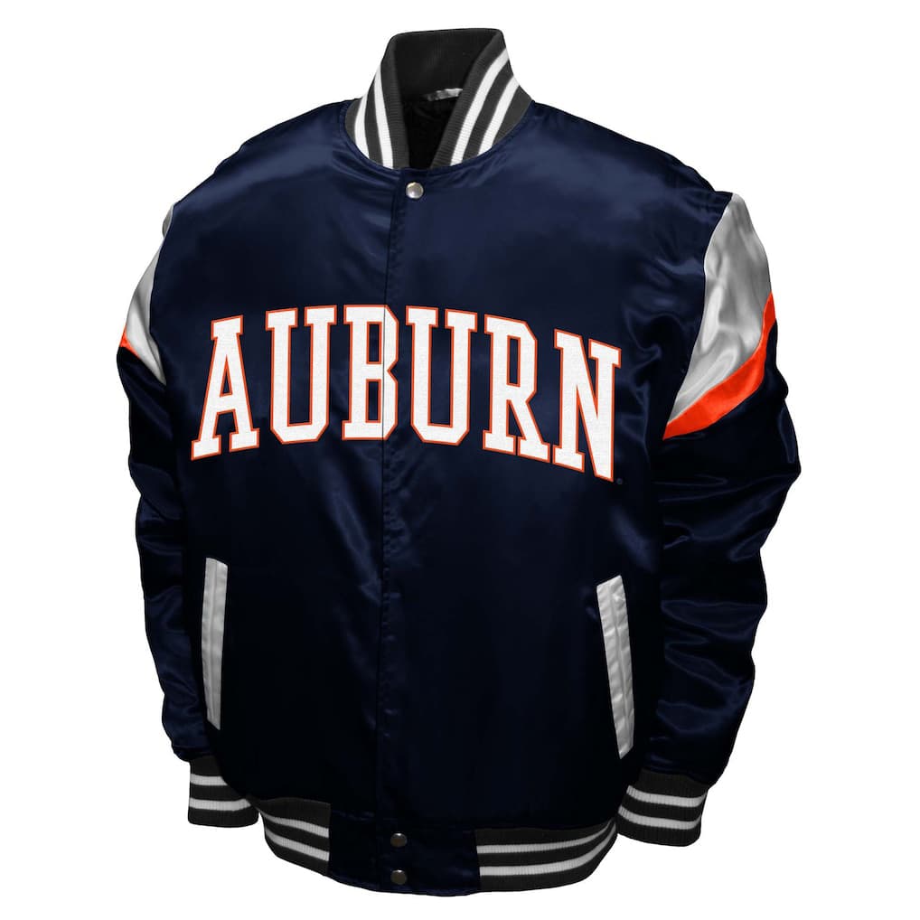 Auburn-Tigers-Power-Satin-Jacket-Front Front View Of Auburn Tigers Power Satin Jacket Featuring AUBURN lettering, rib-knit collar, snap-button closure, and handwarmer pockets.