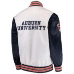 Back View of Auburn Tigers Satin Jacket featuring bold AUBURN UNIVERSITY lettering in classic varsity style.