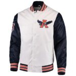 Front View Of Auburn Tigers Satin Jacket Featuring Auburn Tigers Secondary Logo on left chest and snap-button closure.