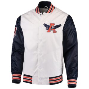Front View Of Auburn Tigers Satin Jacket Featuring Auburn Tigers Secondary Logo on left chest and snap-button closure.