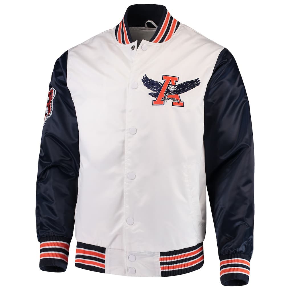 Auburn-Tigers-Satin-Jacket-Front Front View Of Auburn Tigers Satin Jacket Featuring Auburn Tigers Secondary Logo on left chest and snap-button closure.