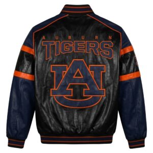 Back View of Auburn Tigers Youth Leather Jacket featuring AUBURN TIGERS lettering with AU logo in black, blue, and orange leather.