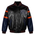Front View Of Auburn Tigers Youth Leather Jacket featuring black, blue, and orange with AU logo, YKK zipper, and rib-knit trims.