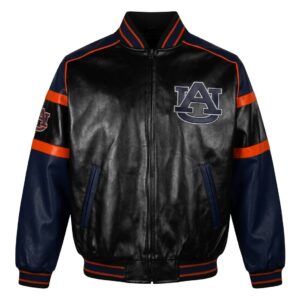 Front View Of Auburn Tigers Youth Leather Jacket featuring black, blue, and orange with AU logo, YKK zipper, and rib-knit trims.