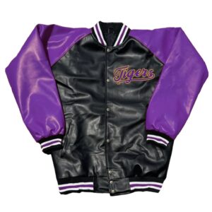 Front View Of Purple Black LSU Tigers Jacket Featuring Tigers patch on chest and snap-button front closure.
