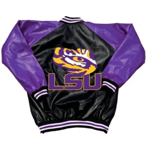 Back View Of Purple Black LSU Tigers Jacket featuring LSU Tigers Secondary Logo on the back