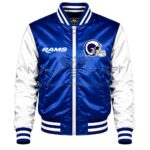 Front View Of Los Angeles Rams Zip Jacket Featuring Rams lettering and helmet logo on chest.