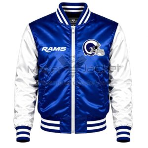 Front View Of Los Angeles Rams Zip Jacket Featuring Rams lettering and helmet logo on chest.