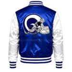 Back View Of Los Angeles Rams Zip Jacket featuring large LA Rams helmet logo on the back.