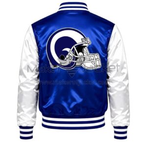 Back View Of Los Angeles Rams Zip Jacket featuring large LA Rams helmet logo on the back.