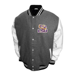 Front View Of LSU Tigers Graduate Varsity Jacket Featuring snap closure, LSU chest logo, wool and leather design.