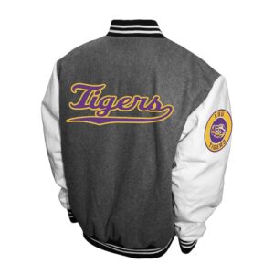 Back View Of LSU Tigers Graduate Varsity Jacket featuring Tigers spell patch, charcoal white wool leather style.