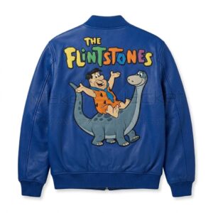 Back view of Fred Flintstone Riding Dino Blue Leather Bomber Jacket featuring Fred Flintstone cartoon artwork dancing beneath the yellow leather applique "YABBA - DABBA DOO!"
