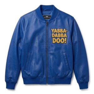 Front view of Fred Flintstone Riding Dino Blue Leather Bomber Jacket features yellow leather applique text "YABBA-DABBA DOO!" on the left ches