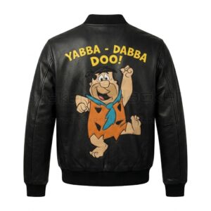 Back view of Wilma Flintstones Red Leather Bomber Jacket featuring Fred Flintstone cartoon artwork dancing beneath the yellow leather applique "YABBA - DABBA DOO!"