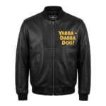 Front view of Wilma Flintstones Red Leather Bomber Jacket features center zipper, ribbed trim, and "YABBA-DABBA DOO!" leather applique in yellow on the left chest.