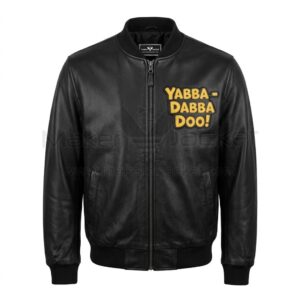 Front view of Wilma Flintstones Red Leather Bomber Jacket features center zipper, ribbed trim, and "YABBA-DABBA DOO!" leather applique in yellow on the left chest.
