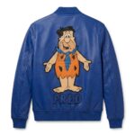 Back view of Fred Flintstones Classic Blue Leather Bomber Jacket features large leather applique artwork of Fred Flintstone above his name "FRED" stitched in black.