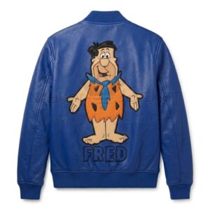 Back view of Fred Flintstones Classic Blue Leather Bomber Jacket features large leather applique artwork of Fred Flintstone above his name "FRED" stitched in black.