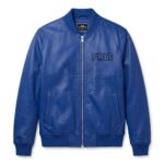 Front view of Fred Flintstones Classic Blue Leather Bomber Jacket features a center zipper, ribbed cuffs, and the word "FRED" embroidered in black text on the left chest.
