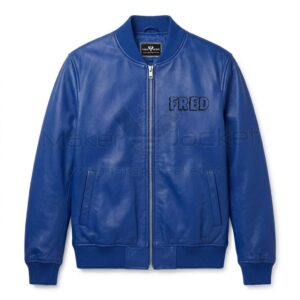 Front view of Fred Flintstones Classic Blue Leather Bomber Jacket features a center zipper, ribbed cuffs, and the word "FRED" embroidered in black text on the left chest.