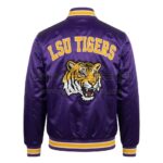 Back View Of LSU Tigers baseball snap jacket featuring bold LSU TIGERS lettering and Tigers logo with rib-knit waistband and cuffs.