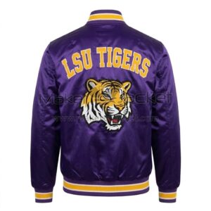 Back View Of LSU Tigers baseball snap jacket featuring bold LSU TIGERS lettering and Tigers logo with rib-knit waistband and cuffs.