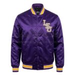 Front View Of LSU Tigers baseball snap jacket featuring LSU lettering on the left chest, rib-knit collar, snap-button closure, and two front handwarmer pockets.