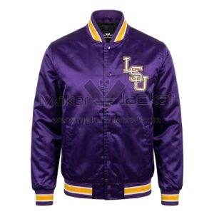 Front View Of LSU Tigers baseball snap jacket featuring LSU lettering on the left chest, rib-knit collar, snap-button closure, and two front handwarmer pockets.