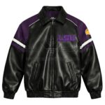 Front View Of LSU Tigers Football Leather Jacket Featuring black, purple and white with LSU chest lettering and YKK zipper.