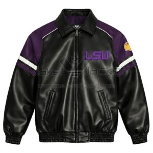 Front View Of LSU Tigers Football Leather Jacket Featuring black, purple and white with LSU chest lettering and YKK zipper.