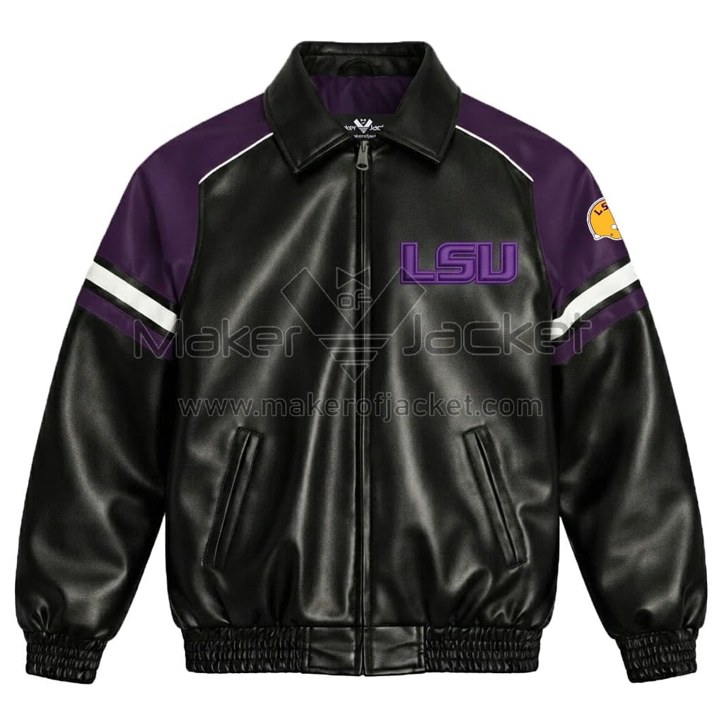 LSU-Tigers-Football-Leather-Jacket-Front-Image Front View Of LSU Tigers Football Leather Jacket Featuring black, purple and white with LSU chest lettering and YKK zipper.