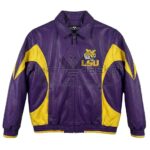 Front View Of LSU Tigers Purple Leather Jacket featuring LSU Tigers Chest Logo and Yellow Accents.